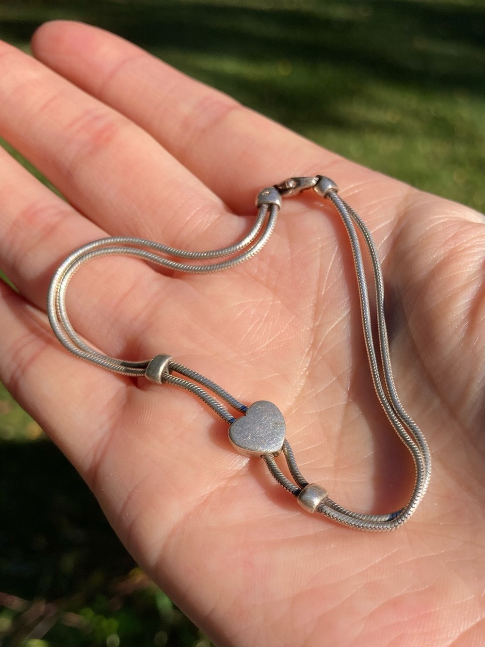 Vintage 925 Sterling Silver Heart Double Snake Chain Bracelet 7”